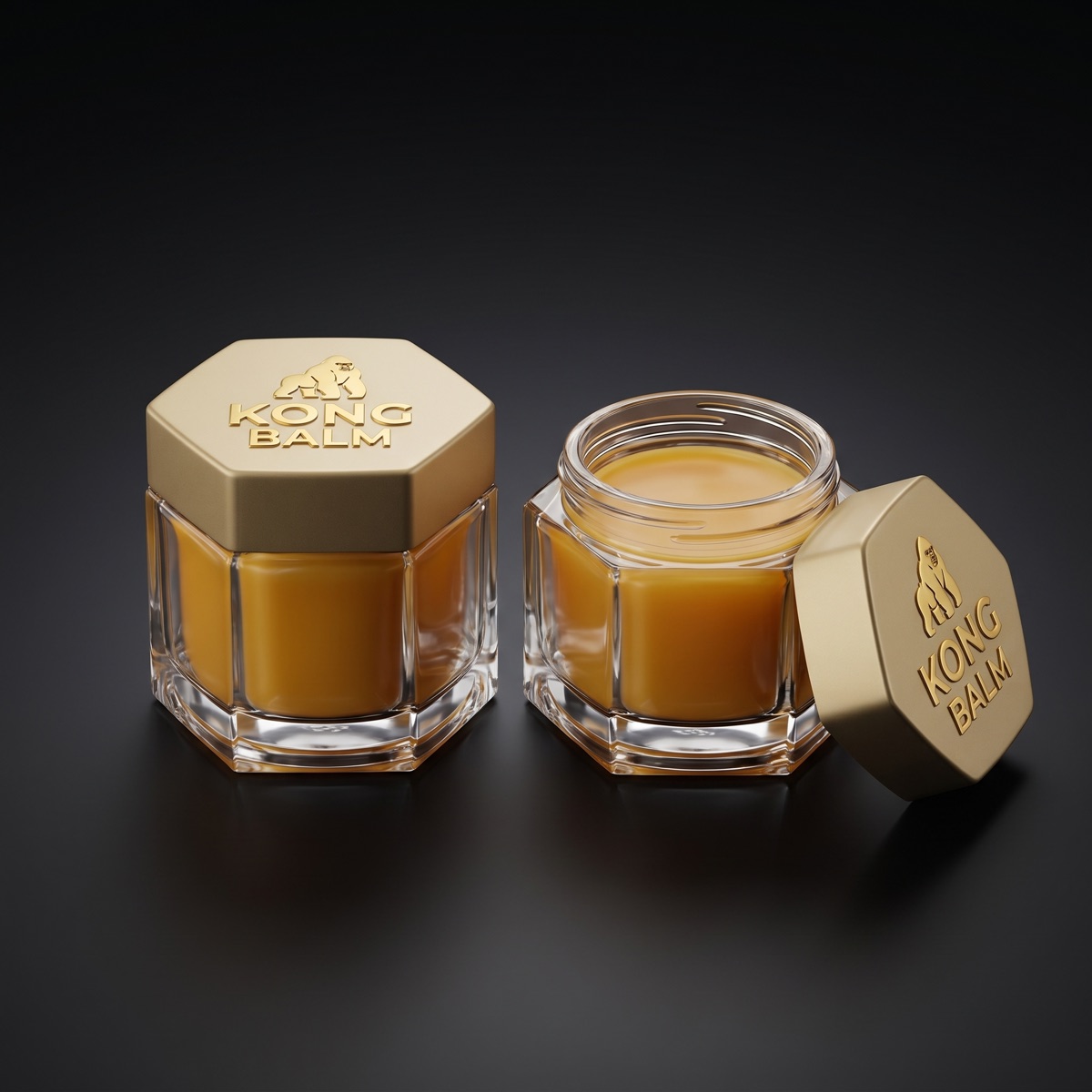 KONG Balm in a clear hexagonal glass jar, closed and open, gold balm visible through the glass